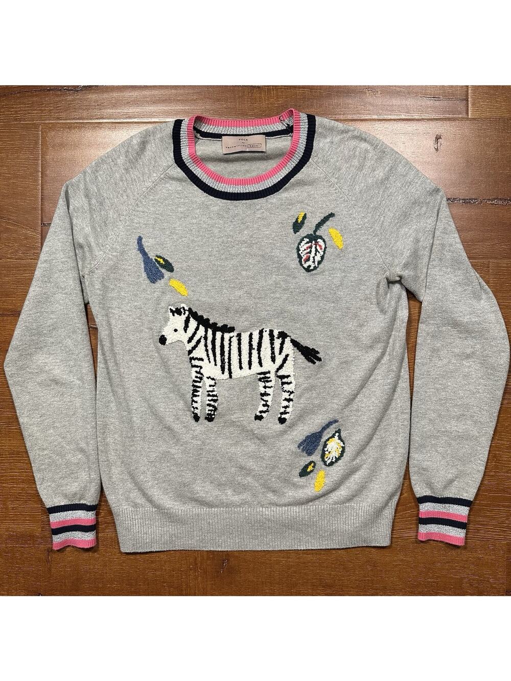 Folk By Hansel From Basel Sweater Womens S Gray Oversized Crewneck Zebra Art